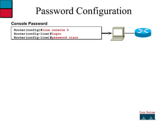 Password Configuration Router(config)# line console 0 Router(config-line)# login Router(config-line)# password cisco Console Password  