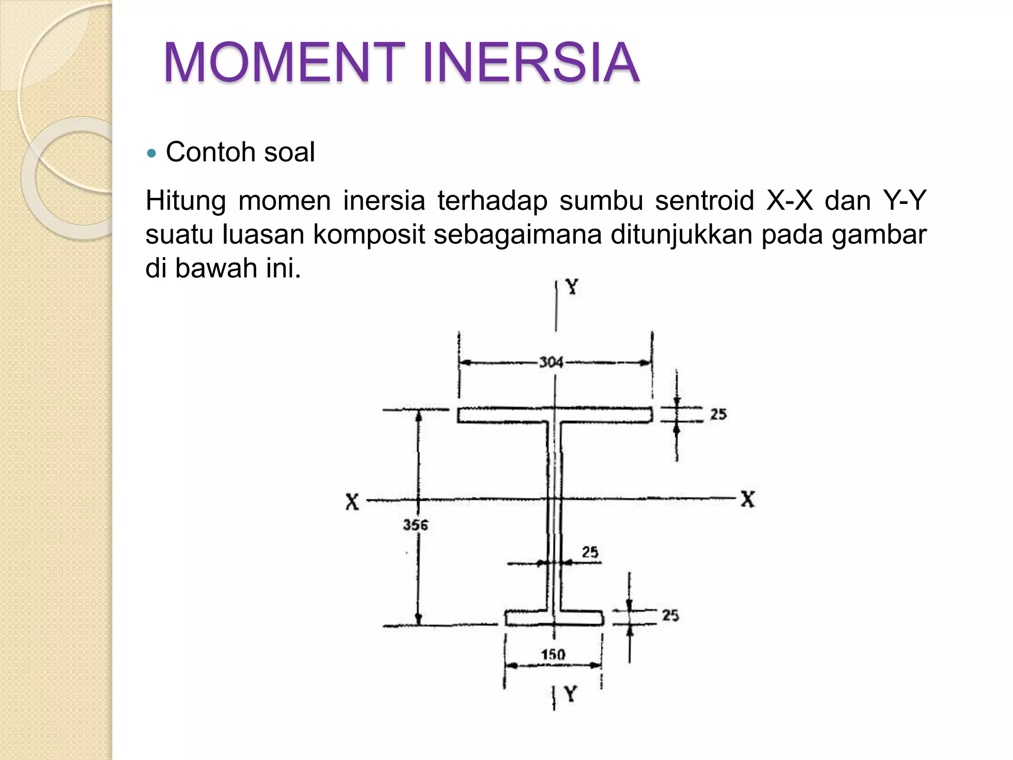 MOMENT INERSIA
 Contoh soal
Hitung momen inersia terhadap sumbu sentroid X-X dan Y-Y
suatu luasan komposit sebagaimana ditunjukkan pada gambar
di bawah ini.
 