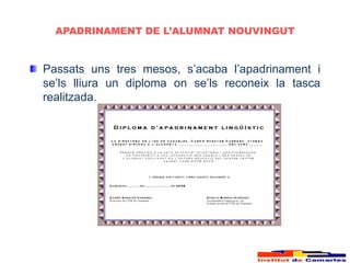APADRINAMENT DE L’ALUMNAT NOUVINGUT


Passats uns tres mesos, s’acaba l’apadrinament i
se’ls lliura un diploma on se’ls reconeix la tasca
realitzada.
 