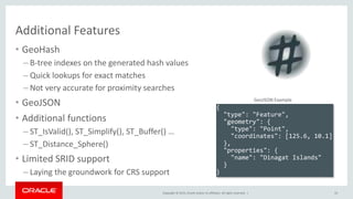 Copyright © 2015, Oracle and/or its affiliates. All rights reserved. |
Additional Features
• GeoHash
– B-tree indexes on the generated hash values
– Quick lookups for exact matches
– Not very accurate for proximity searches
• GeoJSON
• Additional functions
– ST_IsValid(), ST_Simplify(), ST_Buffer() …
– ST_Distance_Sphere()
• Limited SRID support
– Laying the groundwork for CRS support
33
{
"type": "Feature",
"geometry": {
"type": "Point",
"coordinates": [125.6, 10.1]
},
"properties": {
"name": "Dinagat Islands"
}
}
GeoJSON Example
 