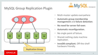 Copyright © 2015, Oracle and/or its affiliates. All rights reserved. |
MySQL Group Replication Plugin
Tuesday, October 20, 2015
M M M M M
Replication Group
• Multi-master update everywhere
• Automatic group membership
management and failure detection.
• No need for server fail-over.
• Automatic reconfiguration.
• No single point of failure.
• Shared-nothing state machine
replication.
• InnoDB compliant. Off-the-shelf
hardware friendly.
Oracle Confidential – Restricted 39
 