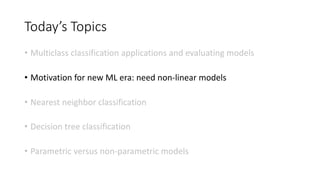 Today’s Topics
• Multiclass classification applications and evaluating models
• Motivation for new ML era: need non-linear models
• Nearest neighbor classification
• Decision tree classification
• Parametric versus non-parametric models
 