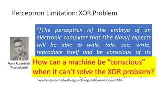 Perceptron Limitation: XOR Problem
Frank Rosenblatt
(Psychologist)
“[The perceptron is] the embryo of an
electronic computer that [the Navy] expects
will be able to walk, talk, see, write,
reproduce itself and be conscious of its
existence…. [It] is expected to be finished in
about a year at a cost of $100,000.”
1958 New York Times article: https://www.nytimes.com/1958/07/08/archives/new-
navy-device-learns-by-doing-psychologist-shows-embryo-of.html
How can a machine be “conscious”
when it can’t solve the XOR problem?
 