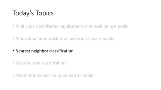Today’s Topics
• Multiclass classification applications and evaluating models
• Motivation for new ML era: need non-linear models
• Nearest neighbor classification
• Decision tree classification
• Parametric versus non-parametric model
 