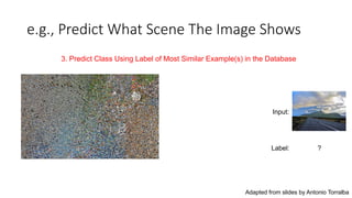 3. Predict Class Using Label of Most Similar Example(s) in the Database
e.g., Predict What Scene The Image Shows
Input:
Label: ?
Adapted from slides by Antonio Torralba
 
