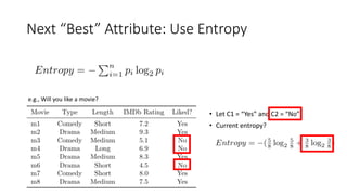 Next “Best” Attribute: Use Entropy
e.g., Will you like a movie?
• Let C1 = “Yes” and C2 = “No”
• Current entropy?
 