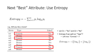 Next “Best” Attribute: Use Entropy
e.g., Will you like a movie?
• Let C1 = “Yes” and C2 = “No”
• Entropy if we split on “Type”?
• Left tree: “Comedy” = ?
 