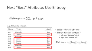 Next “Best” Attribute: Use Entropy
e.g., Will you like a movie?
• Let C1 = “Yes” and C2 = “No”
• Entropy if we split on “Type”?
• Left tree: “Comedy” = 0.92
• Right tree: “Drama” = ?
 