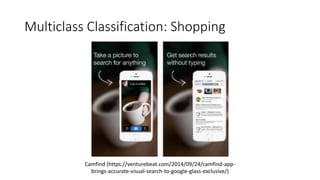 Multiclass Classification: Shopping
Camfind (https://venturebeat.com/2014/09/24/camfind-app-
brings-accurate-visual-search-to-google-glass-exclusive/)
 