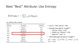 Next “Best” Attribute: Use Entropy
e.g., Will you like a movie?
• Let C1 = “Yes” and C2 = “No”
• Entropy if we split on “Length”?
• Left tree: “Short” = 0.92
• Middle tree: “Medium” = 0.82
• Right tree: “Long” = 0
• Information gain by split on “Length”?
 
