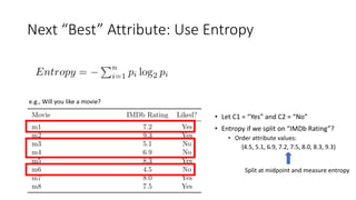 Next “Best” Attribute: Use Entropy
e.g., Will you like a movie?
• Let C1 = “Yes” and C2 = “No”
• Entropy if we split on “IMDb Rating”?
• Order attribute values:
{4.5, 5.1, 6.9, 7.2, 7.5, 8.0, 8.3, 9.3}
Split at midpoint and measure entropy
 