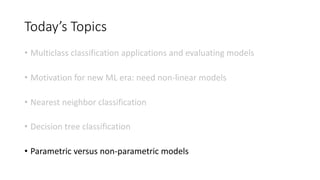 Today’s Topics
• Multiclass classification applications and evaluating models
• Motivation for new ML era: need non-linear models
• Nearest neighbor classification
• Decision tree classification
• Parametric versus non-parametric models
 