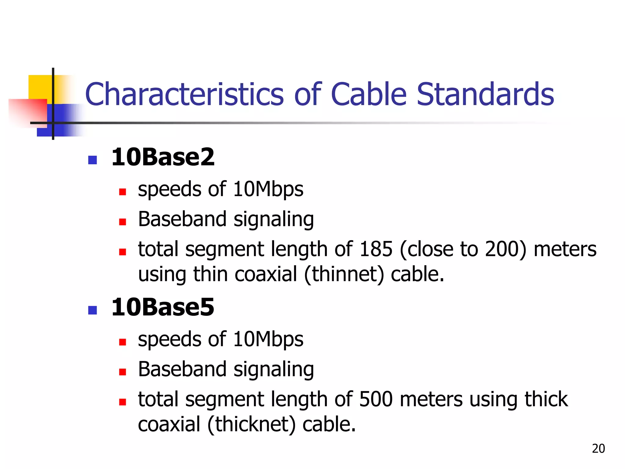 20 Characteristics of Cable Standards  10Base2  speeds of 10Mbps  Baseband signaling  total segment length of 185 (close to 200) meters using thin coaxial (thinnet) cable.  10Base5  speeds of 10Mbps  Baseband signaling  total segment length of 500 meters using thick coaxial (thicknet) cable. 