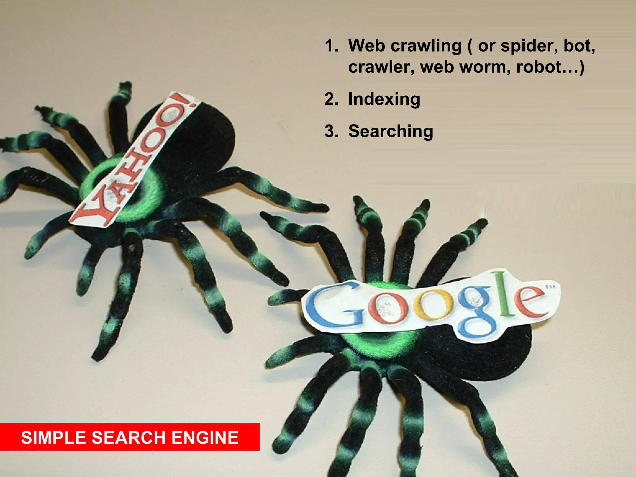 Web crawling ( or spider, bot, crawler, web worm, robot…) Indexing Searching SIMPLE SEARCH ENGINE 