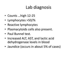 Lab diagnosis
• Counts …high 12-25
• Lymphocytes >50/%
• Reactive lymphocytes
• Plasmacytoids cells also present.
• Paul Bunnel test.
• Increased ALT, AST, and lactic acid
dehydrogenase levels in blood
• Jaundice (occurs in about 5% of cases)
 