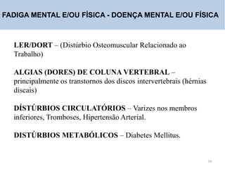 FADIGA MENTAL E/OU FÍSICA - DOENÇA MENTAL E/OU FÍSICA
LER/DORT – (Distúrbio Osteomuscular Relacionado ao
Trabalho)
ALGIAS (DORES) DE COLUNA VERTEBRAL –
principalmente os transtornos dos discos intervertebrais (hérnias
discais)
DÍSTÚRBIOS CIRCULATÓRIOS – Varizes nos membros
inferiores, Tromboses, Hipertensão Arterial.
DISTÚRBIOS METABÓLICOS – Diabetes Mellitus.
10
 