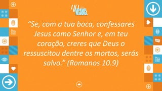 “Se, com a tua boca, confessares
Jesus como Senhor e, em teu
coração, creres que Deus o
ressuscitou dentre os mortos, serás
salvo.” (Romanos 10.9)
 