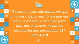 “E o amor é isto: não fomos nós que
amamos a Deus, mas foi ele que nos
amou e mandou o seu Filho para
que, por meio dele, os nossos
pecados fossem perdoados.” (1ª
João 4.10)
 