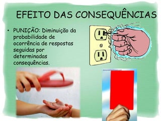 EFEITO DAS CONSEQUÊNCIAS
• PUNIÇÃO: Diminuição da
probabilidade de
ocorrência de respostas
seguidas por
determinadas
consequências.
 
