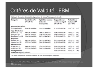 Critères de Validité - EBM
Bachmannn L, Kolb E, Koller M et al. Accuracy of Ottawa ankle rules to exclude fractures of the ankle and mid-food : systematic review.
BMJ
2003 ; 326 : 417-23
 