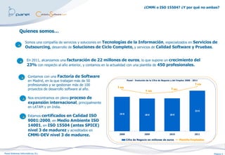 ¿CMMi o ISO 15504? ¿Y por qué no ambas?




              Quienes somos…

                    Somos una compañía de servicios y soluciones en Tecnologías de la Información, especializados en Servicios de
                    Outsourcing, desarrollo de Soluciones de Ciclo Completo, y servicios de Calidad Software y Pruebas.


                     En 2011, alcanzamos una facturación de 22 millones de euros, lo que supone un crecimiento del
                     23% con respecto al año anterior, y contamos en la actualidad con una plantilla de 450 profesionales.

                      Contamos con una Factoría de Software
                      en Madrid, en la que trabajan más de 50                     Panel - Evolución de la Cifra de Negocio y del Empleo 2008 - 2011

                      profesionales y se gestionan más de 100                                                                                  436
                                                                         406
                      proyectos de desarrollo software al año.                                    369
                                                                                                                          383

                      Nos encontramos en pleno proceso de
                      expansión internacional, principalmente
                      en LATAM y en India.
                                                                                                                                                22 €
                                                                           19 €
                      Estamos certificados en Calidad ISO                                         18 €                   18 €

                      9001:2000, en Medio Ambiente ISO
                      14001, en ISO 15504 (antes SPICE)
                      nivel 3 de madurez y acreditados en
                      CMMi-DEV nivel 3 de madurez.                        2008                    2009                   2010                   2011

                                                                                  Cifra de Negocio en millones de euros           Plantilla Empleados




Panel Sistemas Informáticos, S.L.                                                                                                                       Página 3
 