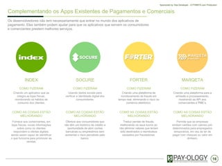 16
Sponsored by Visa Developer - A PYMNTS.com Production
Complementando os Apps Existentes de Pagamentos e Comerciais
Os desenvolvedores não tem necessariamente que entrar no mundo dos aplicativos de
pagamento. Eles também podem ajudar para que os aplicativos que servem os consumidores
e comerciantes prestem melhores serviços.
INDEX
COMO FIZERAM
SOCURE FORTER MARQETA
Criando um aplicativo que se
integra as lojas físicas,
monitorando os hábitos de
consumo dos clientes.
COMO AS COISAS ESTÃO
MELHORANDO
Fornece aos comerciantes, em
lojas físicas, novas informações
sobre como os clientes
respondem a ofertas digitais,
sendo assim capaz de identificar
o que funciona para promover as
vendas.
COMO FIZERAM
Usando dados sociais para
verificar a identidade digital dos
consumidores.
COMO AS COISAS ESTÃO
MELHORANDO
Oferece aos consumidores que
não têm um histórico de crédito a
oportunidade de abrir contas
bancárias ou empréstimos sem
aumentar o risco percebido pelo
banco.
COMO FIZERAM
Criando uma plataforma de
monitoramento de fraude em
tempo real, eliminando o risco no
comércio eletrônico.
COMO AS COISAS ESTÃO
MELHORANDO
Traduz perdas de fraude,
melhorando os seus lucros ao
não eliminar valores que teriam
sido destinados a reembolsos
causados por fraudadores.
COMO FIZERAM
Criando uma plataforma para a
emissão e processamento,
mostrando as API aos
comerciantes e PME’s.
COMO AS COISAS ESTÃO
MELHORANDO
Permite que as empresas
emitam cartões com valores pré-
determinados para empregados
temporários, em vez de ter de
pagar com cheques ou valor em
dinheiro.
 