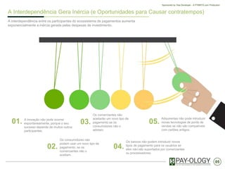 05
Sponsored by Visa Developer - A PYMNTS.com Production
A Interdependência Gera Inércia (e Oportunidades para Causar contratempos)
A interdependência entre os participantes do ecossistema de pagamentos aumenta
exponencialmente a inércia gerada pelas despesas de investimento.
01. A inovação não pode ocorrer
espontaneamente, porque o seu
sucesso depende de muitos outros
participantes.
03.
Os comerciantes não
aceitarão um novo tipo de
pagamento se os
consumidores não o
adotam.
05.
Adquirentes não pode introduzir
novas tecnologias de ponto de
vendas se não são compatíveis
com cartões antigos.
02.
Os consumidores não
podem usar um novo tipo de
pagamento, se os
comerciantes não o
aceitam.
04.
Os bancos não podem introduzir novos
tipos de pagamento para os usuários se
eles não são suportados por comerciantes
ou processadores.
 