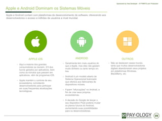 09
Sponsored by Visa Developer - A PYMNTS.com Production
Apple e Android Dominam os Sistemas Móveis
Apple e Android contam com plataformas de desenvolvimento de software, oferecendo aos
desenvolvedores o acceso a milhões de usuários a nível mundial.
APPLE iOS
• Aqui a maioria dos grandes
consumidores se reúnem. 2/3 dos
lucros gerados por aplicativos, bem
como os minutos que passam em
aplicativos, vêm de programas iOS.
• Apple mantém o controle de seu
ecossistema, convidando
desenvolvedores para participar
em suas frequentes atualizações
tecnológicas.
ANDROID
• Geralmente tem mais usuários do
que a Apple, mas eles não gastam
muito dinheiro ou tanto tempo on-
line
• Android é um modelo aberto de
Sistema Operacional licenciado
que oferece aos fabricantes de
dispositivos móveis.
• Fazem “bifurcações" no Android, a
fim de criar seus próprios
ecossistemas.
• A decisão do Google de lançar o
seu dispositivo Pixel poderia mudar
os planos futuros do Android,
aumentando suas possibilidades
para os desenvolvedores.
OUTROS
• Não se destacam nesse mundo,
tanto que muitos desenvolvedores
digitais abandonaram seus projetos
em plataformas Windows,
BlackBerry, etc.
 