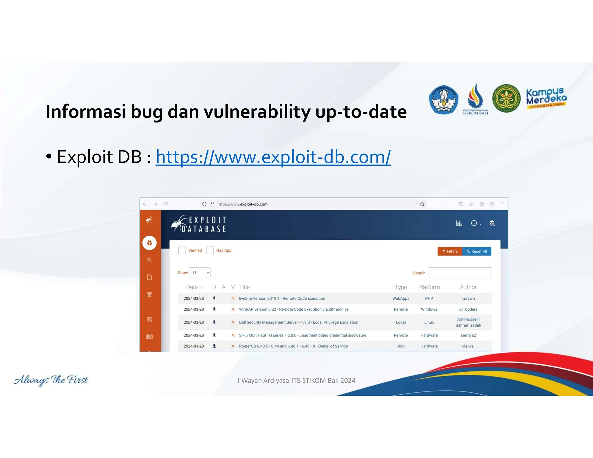 Informasi bug dan vulnerability up-to-date
• Exploit DB : https://www.exploit-db.com/
I Wayan Ardiyasa-ITB STIKOM Bali 2024
 