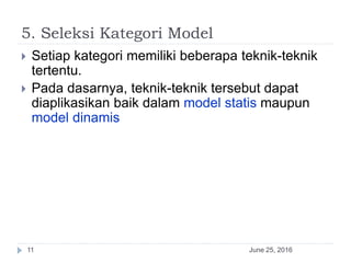 5. Seleksi Kategori Model
June 25, 201611
 Setiap kategori memiliki beberapa teknik-teknik
tertentu.
 Pada dasarnya, teknik-teknik tersebut dapat
diaplikasikan baik dalam model statis maupun
model dinamis
 