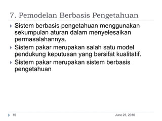 7. Pemodelan Berbasis Pengetahuan
June 25, 201615
 Sistem berbasis pengetahuan menggunakan
sekumpulan aturan dalam menyelesaikan
permasalahannya.
 Sistem pakar merupakan salah satu model
pendukung keputusan yang bersifat kualitatif.
 Sistem pakar merupakan sistem berbasis
pengetahuan
 