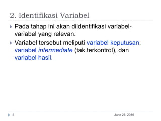 2. Identifikasi Variabel
June 25, 20168
 Pada tahap ini akan diidentifikasi variabel-
variabel yang relevan.
 Variabel tersebut meliputi variabel keputusan,
variabel intermediate (tak terkontrol), dan
variabel hasil.
 