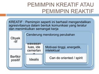PEMIMPIN KREATIF ATAU
               PEMIMPIN REAKTIF
KREATIF : Pemimpin seperti ini berhasil mengendalikan
agresivitasnya dalam bentuk komunikasi yang teratur
dan menimbulkan semangat kerja
           Cenderung mendorong perubahan
 Obyek
  -tif
           wawasan
           luas, ide   Motivasi tinggi, energetik,
           cemerlan    intelektual
              g
Berfikir                  Can do oriented / spirit
positif      Idealis
 