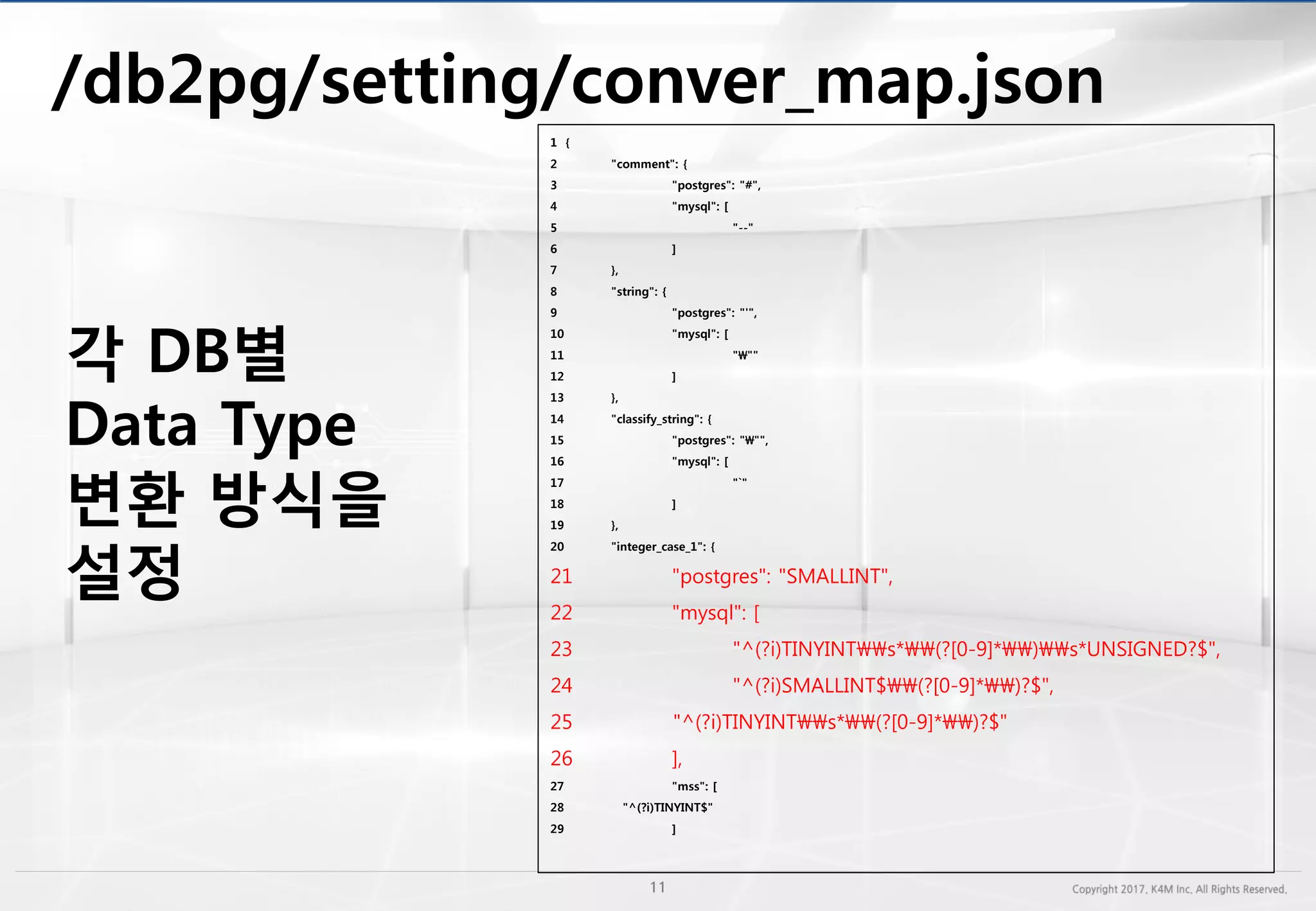 /db2pg/setting/
1 {
2 "comment": {
3 "postgres": "#",
4 "mysql": [
5 "--"
6 ]
7 },
8 "string": {
9 "postgres": "'",
10 "mysql": [
11 """
12 ]
13 },
14 "classify_string": {
15 "postgres": """,
16 "mysql": [
17 "`"
18 ]
19 },
20 "integer_case_1": {
21 "postgres": "SMALLINT",
22 "mysql": [
23 "^(?i)TINYINTs*(?[0-9]*)s*UNSIGNED?$",
24 "^(?i)SMALLINT$(?[0-9]*)?$",
25 "^(?i)TINYINTs*(?[0-9]*)?$"
26 ],
27 "mss": [
28 "^(?i)TINYINT$"
29 ]
각 DB별
Data Type
변환 방식을
설정
 