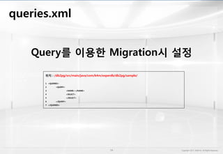 queries.xml
위치 : /db2pg/src/main/java/com/k4m/experdb/db2pg/sample/
1 <QUERIES>
2 <QUERY>
3 <NAME></NAME>
4 <SELECT>
5 </SELECT>
6 </QUERY>
7 </QUERIES>
Query를 이용한 Migration시 설정
 