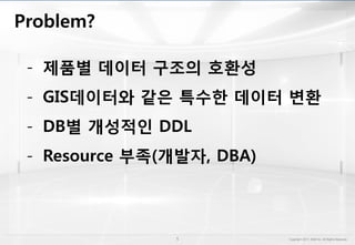 - 제품별 데이터 구조의 호환성
- GIS데이터와 같은 특수한 데이터 변환
- DB별 개성적인 DDL
- Resource 부족(개발자, DBA)
 