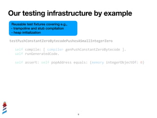 Reusable test
fi
xtures covering
e.g.,


9
Our testing infrastructure by example
testPushConstantZeroBytecodePushesASmallI...