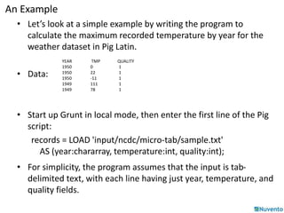 An Example 
• Let’s look at a simple example by writing the program to 
calculate the maximum recorded temperature by year for the 
weather dataset in Pig Latin. 
• Data: 
YEAR TMP QUALITY 
1950 0 1 
1950 22 1 
1950 -11 1 
1949 111 1 
1949 78 1 
• Start up Grunt in local mode, then enter the first line of the Pig 
script: 
records = LOAD 'input/ncdc/micro-tab/sample.txt' 
AS (year:chararray, temperature:int, quality:int); 
• For simplicity, the program assumes that the input is tab-delimited 
text, with each line having just year, temperature, and 
quality fields. 
 