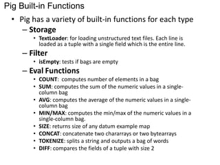 Pig Built-in Functions 
• Pig has a variety of built-in functions for each type 
– Storage 
• TextLoader: for loading unstructured text files. Each line is 
loaded as a tuple with a single field which is the entire line. 
– Filter 
• isEmpty: tests if bags are empty 
– Eval Functions 
• COUNT: computes number of elements in a bag 
• SUM: computes the sum of the numeric values in a single-column 
bag 
• AVG: computes the average of the numeric values in a single-column 
bag 
• MIN/MAX: computes the min/max of the numeric values in a 
single-column bag. 
• SIZE: returns size of any datum example map 
• CONCAT: concatenate two chararrays or two bytearrays 
• TOKENIZE: splits a string and outputs a bag of words 
• DIFF: compares the fields of a tuple with size 2 
 