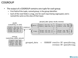 COGROUP 
• The output of a COGROUP contains one tuple for each group. 
– First field of the tuple, named group, is the group identifier. 
– Each of the next fields is a bag, one for each input being cogrouped, and is 
named the same as the alias of that input. 
 