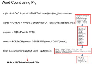 Word Count using Pig 
myinput = LOAD ‘input.txt' USING TextLoader() as (text_line:chararray); 
words = FOREACH myinput GENERATE FLATTEN(TOKENIZE(text_line)); 
grouped = GROUP words BY $0; 
counts = FOREACH grouped GENERATE group, COUNT(words); 
STORE counts into ‘pigoutput’ using PigStorage(); 
Write to HDFS pigoutput/part-* file 
 