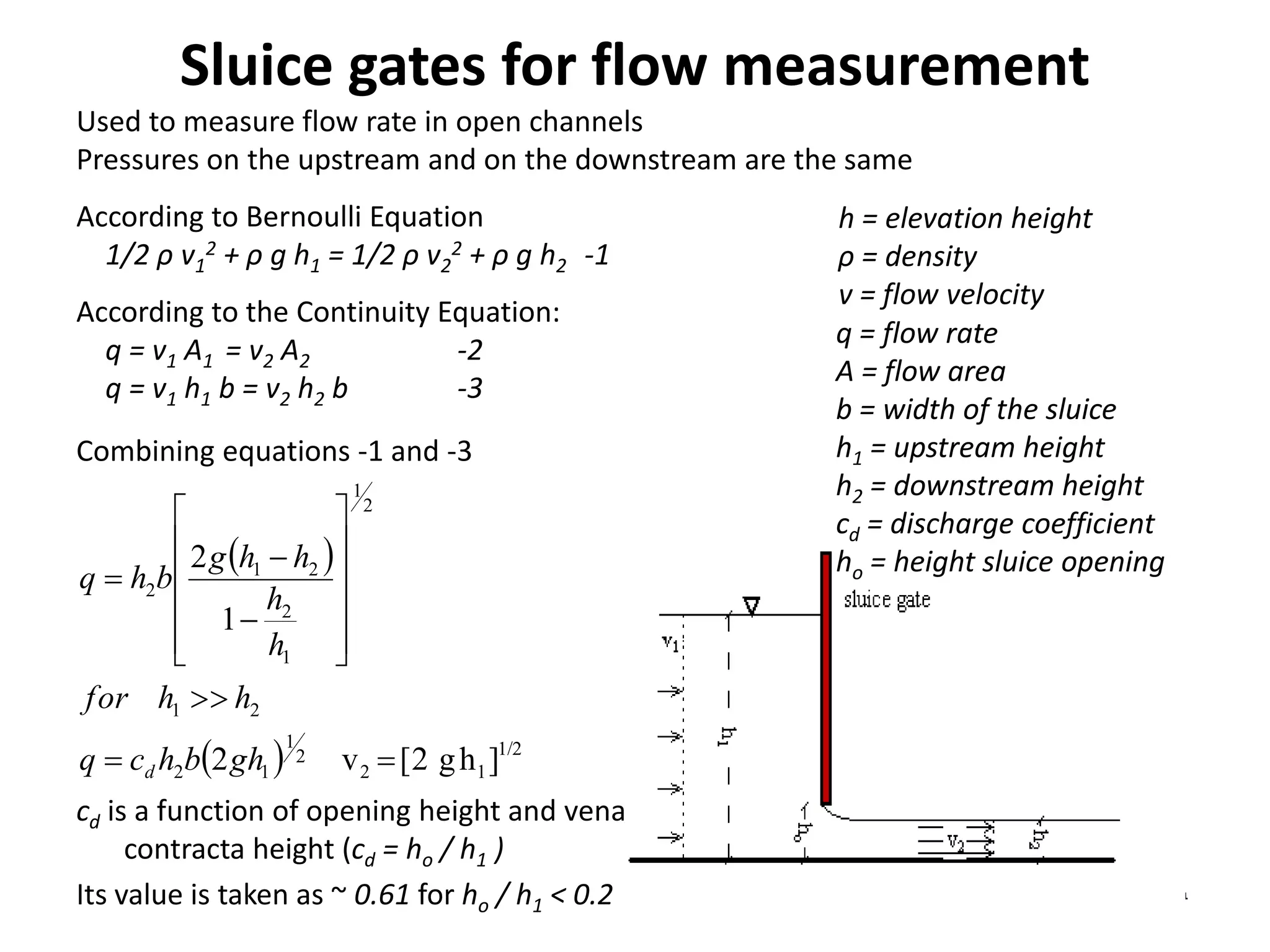 Sluice gates for flow measurement
h = elevation height
ρ = density
v = flow velocity
According to Bernoulli Equation
1/2 ρ v1
2 + ρ g h1 = 1/2 ρ v2
2 + ρ g h2 -1
q = flow rate
A = flow area
b = width of the sluice
h1 = upstream height
h2 = downstream height
cd = discharge coefficient
ho = height sluice opening
According to the Continuity Equation:
q = v1 A1 = v2 A2 -2
q = v1 h1 b = v2 h2 b -3
 
  1/2
12
2
1
12
21
2
1
1
2
21
2
]h[2 gv2
1
2

















ghbhcq
hhfor
h
h
hhg
bhq
d
Combining equations -1 and -3
Used to measure flow rate in open channels
Pressures on the upstream and on the downstream are the same
cd is a function of opening height and vena
contracta height (cd = ho / h1 )
Its value is taken as ~ 0.61 for ho / h1 < 0.2
 