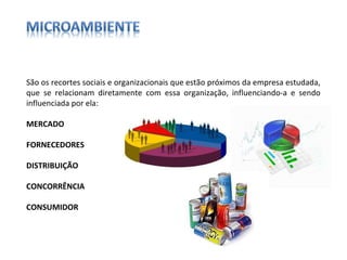 São os recortes sociais e organizacionais que estão próximos da empresa estudada, que se relacionam diretamente com essa organização, influenciando-a e sendo influenciada por ela: MERCADO FORNECEDORES DISTRIBUIÇÃO CONCORRÊNCIA CONSUMIDOR 