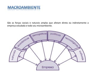 São as forças sociais e naturais amplas que afetam direta ou indiretamente a empresa estudada e todo seu microambiente.  