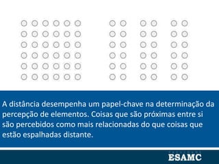 A distância desempenha um papel-chave na determinação da
percepção de elementos. Coisas que são próximas entre si
são percebidos como mais relacionadas do que coisas que
estão espalhadas distante.
 