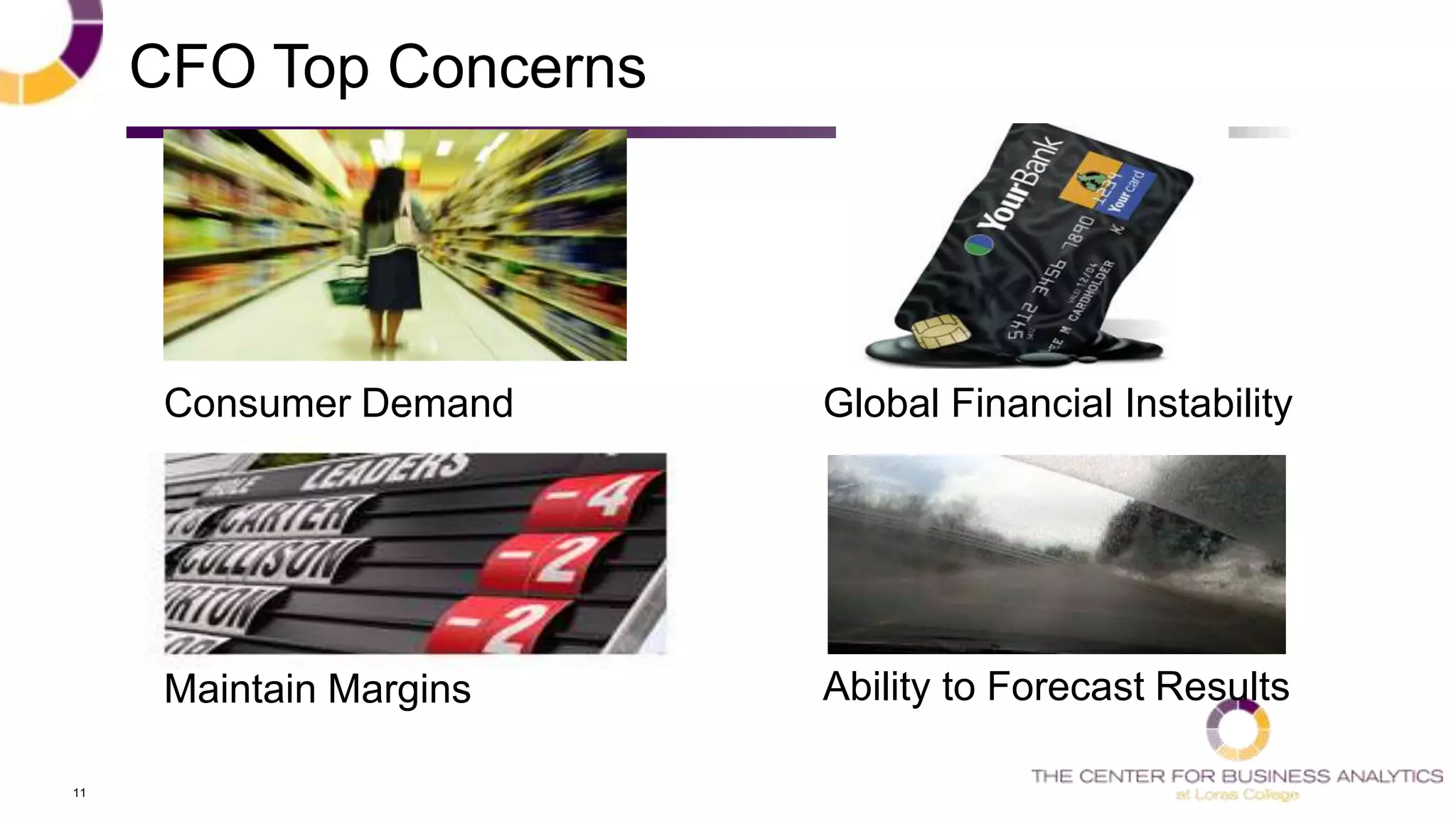 11
CFO Top Concerns
Consumer Demand Global Financial Instability
Maintain Margins Ability to Forecast Results
 