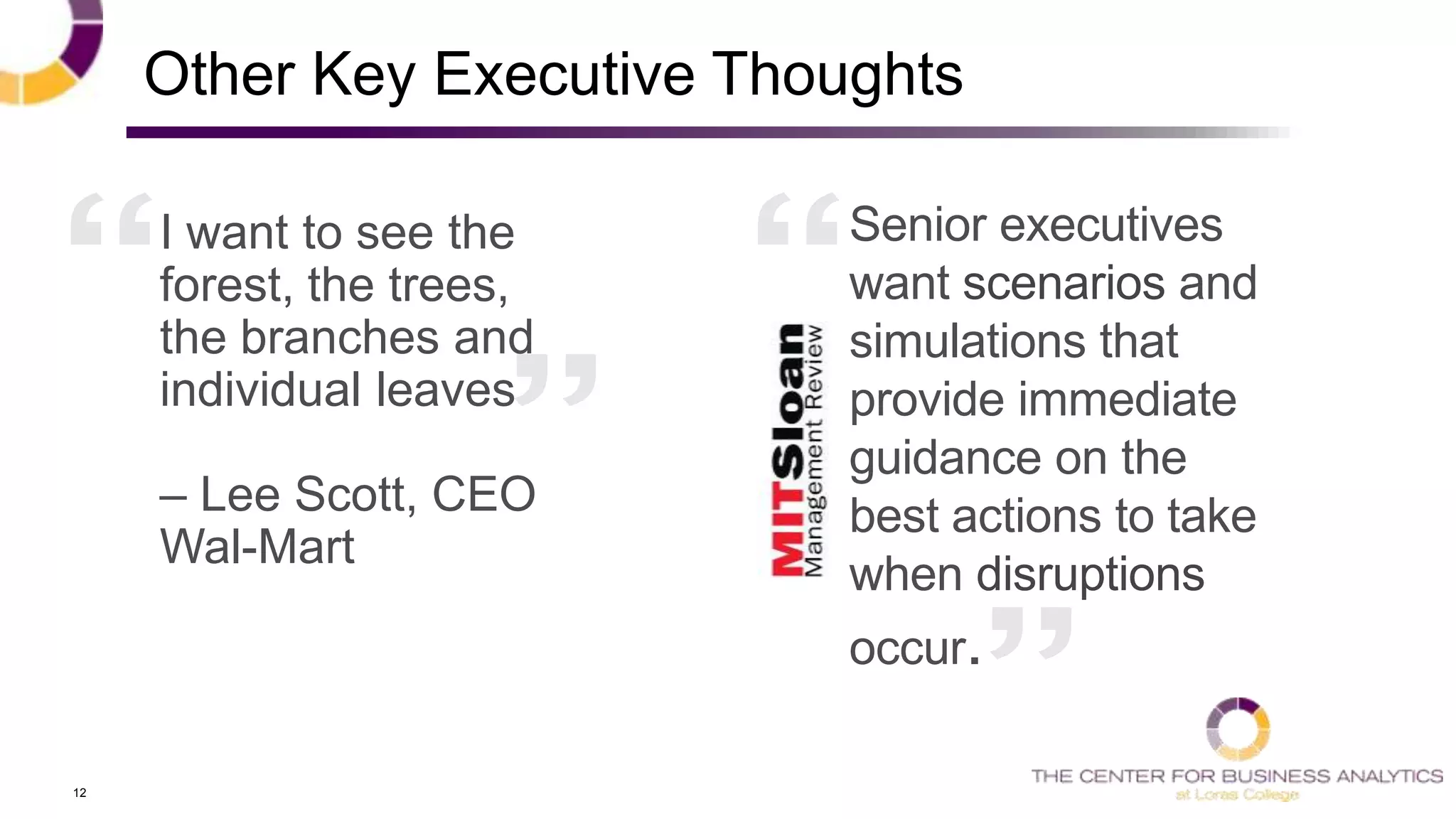 12
I want to see the
forest, the trees,
the branches and
individual leaves
– Lee Scott, CEO
Wal-Mart
Other Key Executive Thoughts
Senior executives
want scenarios and
simulations that
provide immediate
guidance on the
best actions to take
when disruptions
occur.
 