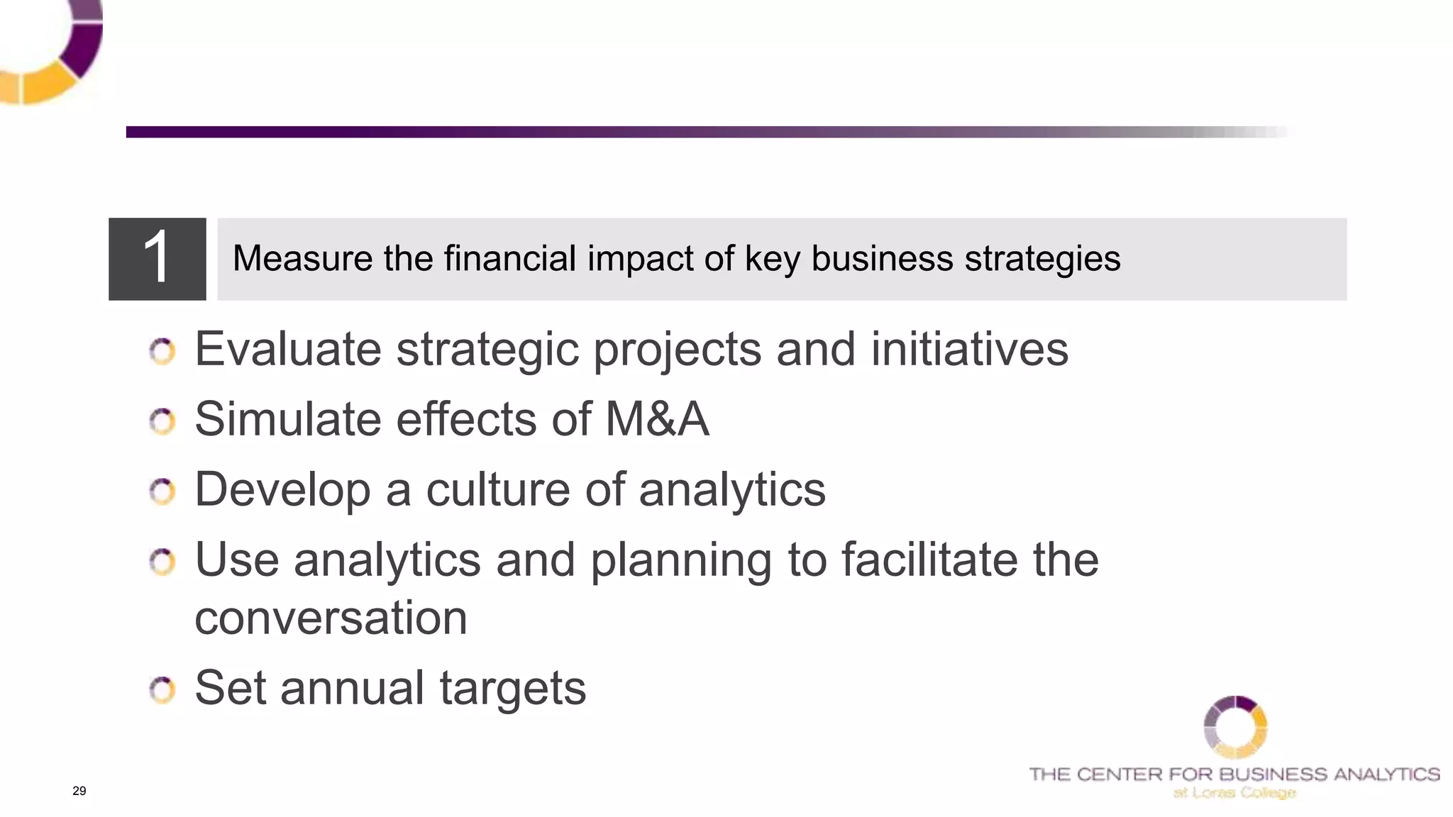 29
Evaluate strategic projects and initiatives
Simulate effects of M&A
Develop a culture of analytics
Use analytics and planning to facilitate the
conversation
Set annual targets
1 Measure the financial impact of key business strategies
 