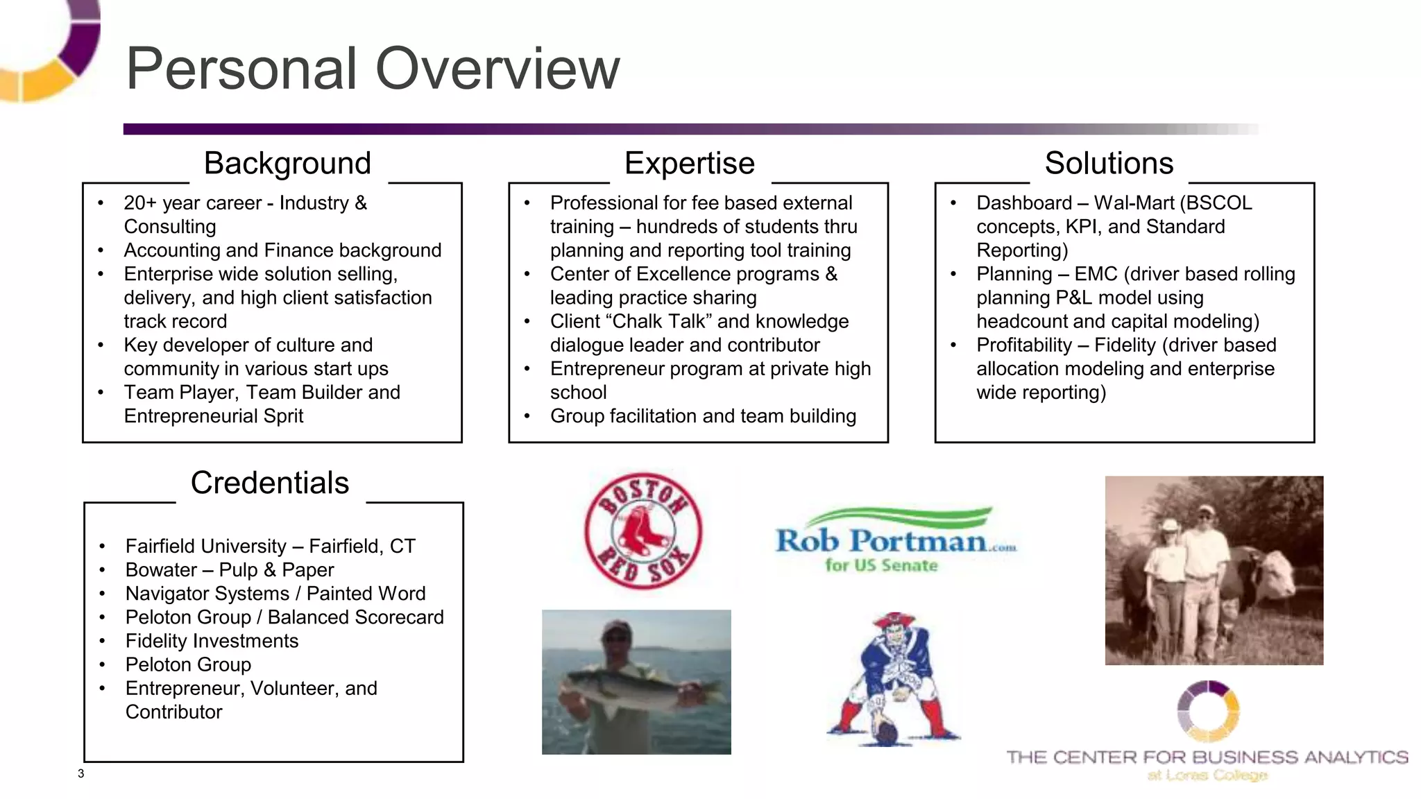3
Personal Overview
• 20+ year career - Industry &
Consulting
• Accounting and Finance background
• Enterprise wide solution selling,
delivery, and high client satisfaction
track record
• Key developer of culture and
community in various start ups
• Team Player, Team Builder and
Entrepreneurial Sprit
Background
• Professional for fee based external
training – hundreds of students thru
planning and reporting tool training
• Center of Excellence programs &
leading practice sharing
• Client ―Chalk Talk‖ and knowledge
dialogue leader and contributor
• Entrepreneur program at private high
school
• Group facilitation and team building
Expertise
• Dashboard – Wal-Mart (BSCOL
concepts, KPI, and Standard
Reporting)
• Planning – EMC (driver based rolling
planning P&L model using
headcount and capital modeling)
• Profitability – Fidelity (driver based
allocation modeling and enterprise
wide reporting)
Solutions
• Fairfield University – Fairfield, CT
• Bowater – Pulp & Paper
• Navigator Systems / Painted Word
• Peloton Group / Balanced Scorecard
• Fidelity Investments
• Peloton Group
• Entrepreneur, Volunteer, and
Contributor
Credentials
 