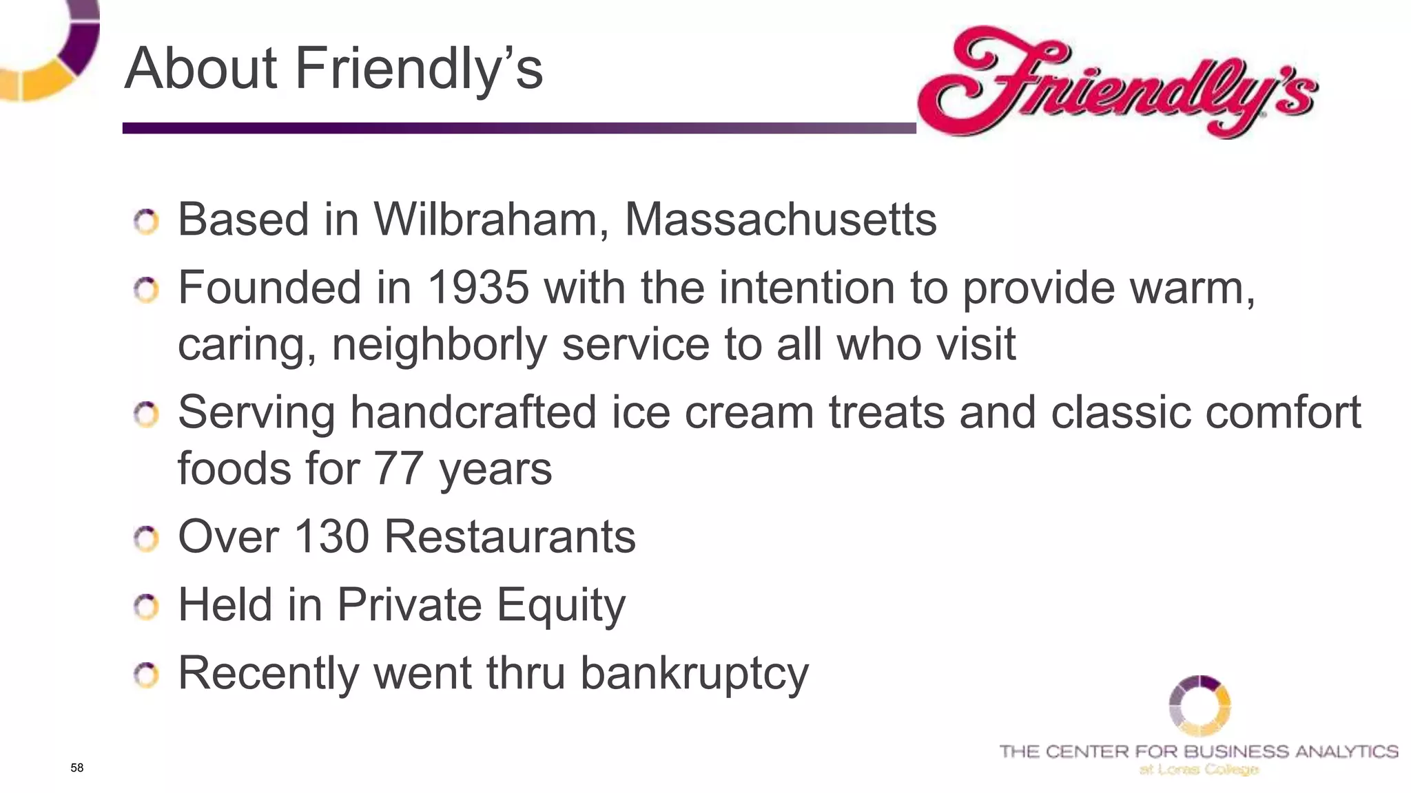 58
About Friendly‘s
Based in Wilbraham, Massachusetts
Founded in 1935 with the intention to provide warm,
caring, neighborly service to all who visit
Serving handcrafted ice cream treats and classic comfort
foods for 77 years
Over 130 Restaurants
Held in Private Equity
Recently went thru bankruptcy
 